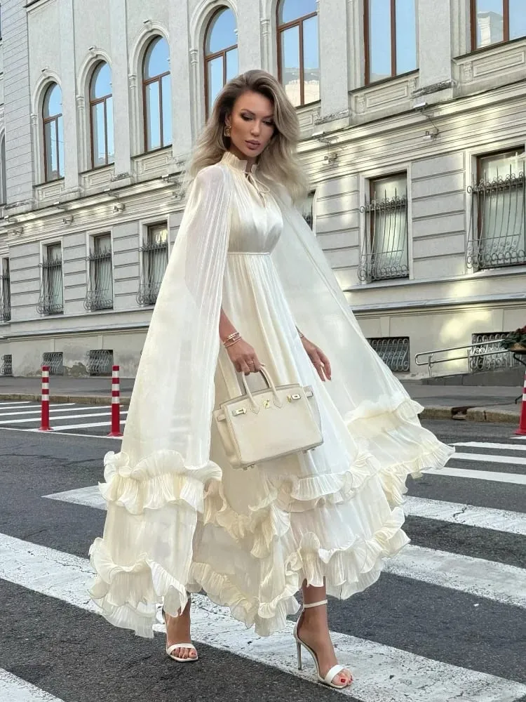 Solid White Ruffle Maxi Dress Women Fashion Lace Pleated Sleeveless Off-shoulder Long Dresses Lady 2026 Summer Holiday Robes New