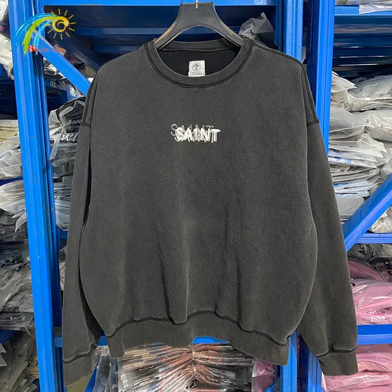Autumn Winter Classic Overlapping Logo Print Saint Sweatshirts Men Women Couple Colorful Letters Graffiti Washed Black Pullovers
