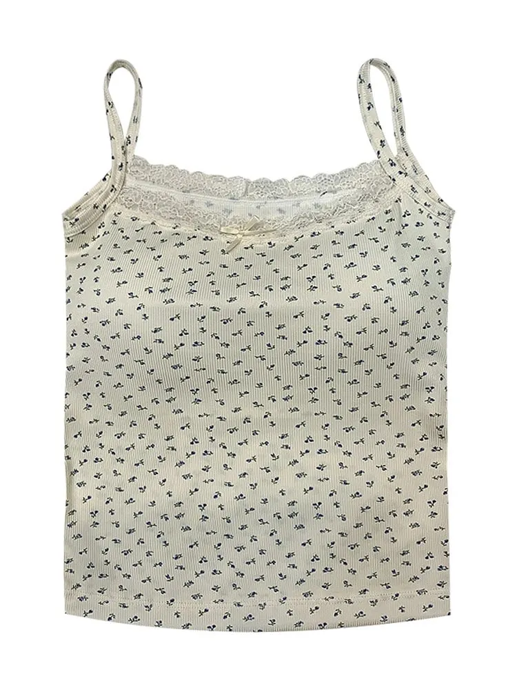 Elegant Lace Flower Print Slim Sexy Vest Floral Tops One Size Tank Spring Sweet Bowknot Style T-Shirt Casual Crop Top Summer
