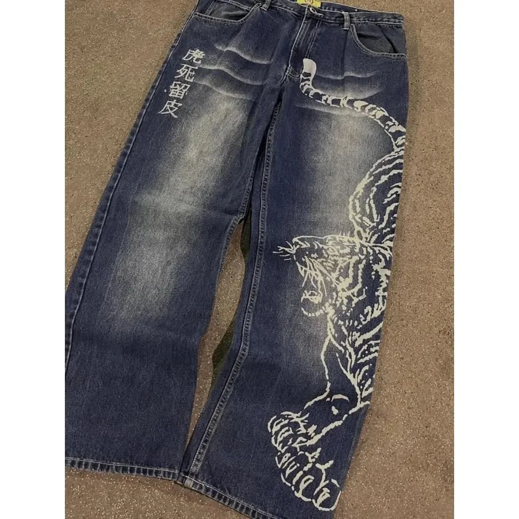 Y2K Vintage Baggy Jeans Men Orange Graffiti Print Wide Leg Skate Pants Retro 90s Hip Hop Streetwear Dark Denim Trousers