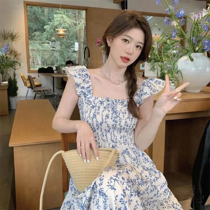 2026 New Gentle Floral Print Strap Dress Women Summer Cute Small Size Spicy Girl Style Long Dress Vacation Style Gathered Wai...