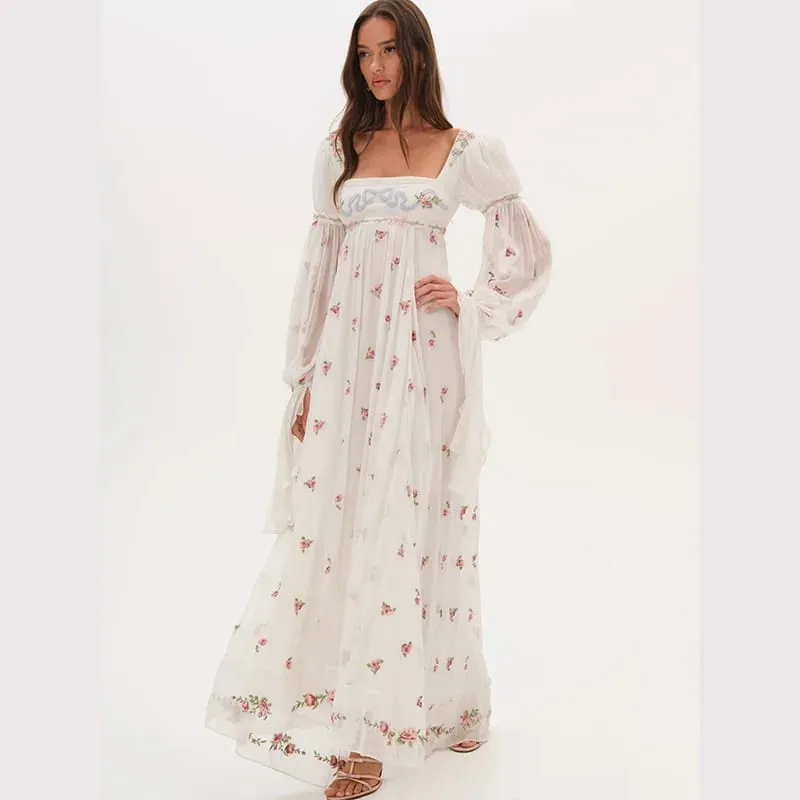 Cottagecore Floral Maxi Dress Women's Square Neck Long Puff Sleeve Empire Waist Chiffon Flowy Vintage Boho Wedding Guest Dress
