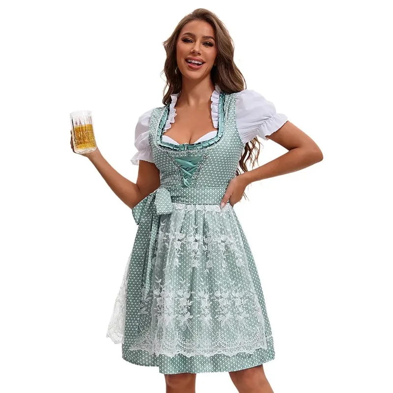 2025 Multicolor Munich Oktoberfest Dress for Women Bavarian Traditional Ethnic Print Beer Skirt with Top and Apron Maid Costume