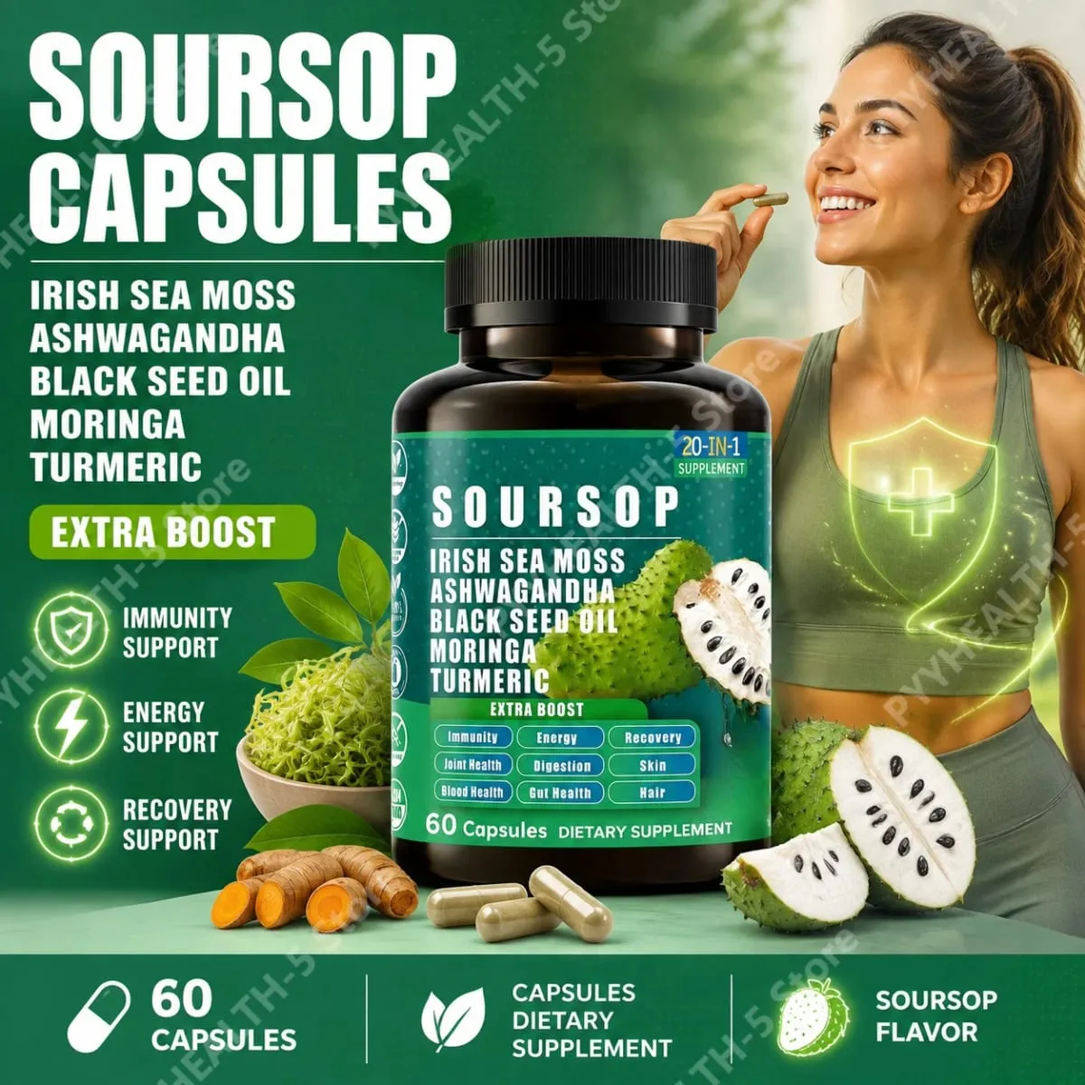 20‑IN‑1 Irish Sea Moss Capsules with Soursop Vitamin C & Vitamin D3 Immune Health & Digestive Support Plant‑Based 60 Capsules