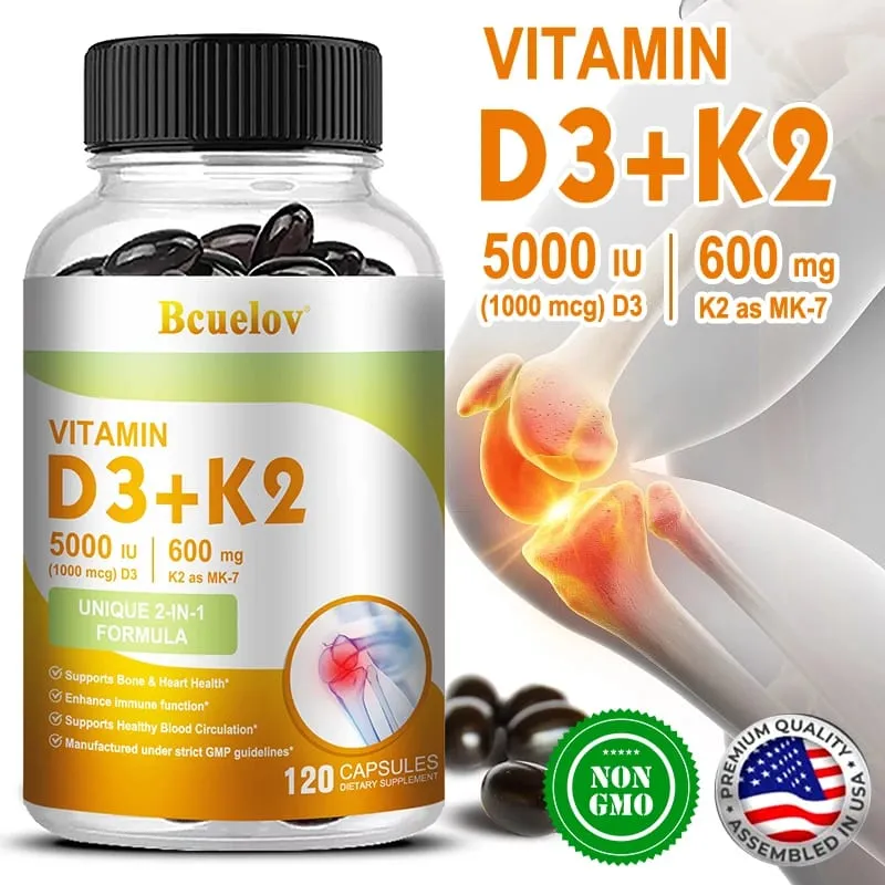 Bcuelov Vitamin D3+K2 5000 IU Vitamin D3 formula bukan GMO yang mudah ditelan vitamin D dan K kompleks makanan tambahan
