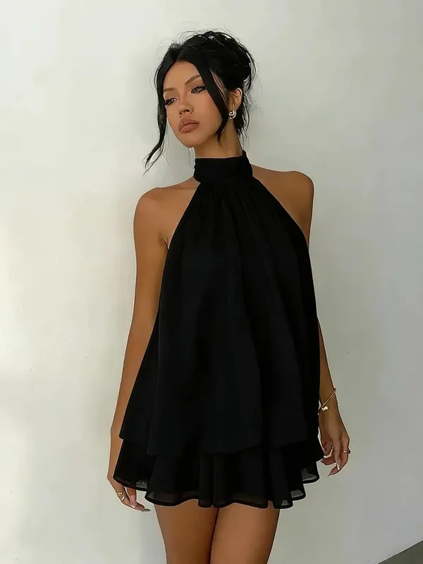 Women Halter Neck Backless Tie Mini Dress Summer Sleeveless Chiffon Ruffle Short Dresses Sexy Club Party Beach Vacation Outfit