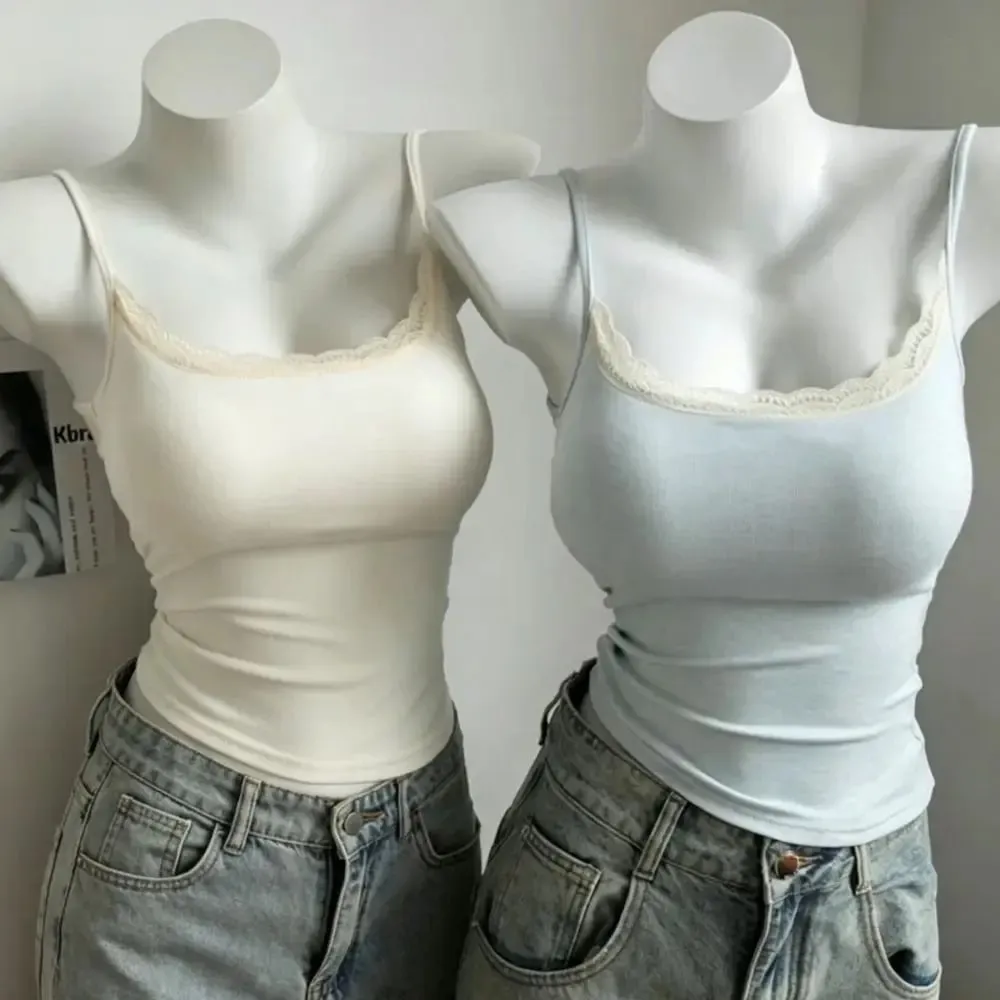 Y2K Sexy Lace Trim Camisole Vest With Chest Pad Fashion Lace Sling Top Versatile Elastic Integrated Top Summer Slim Fit Tank Top