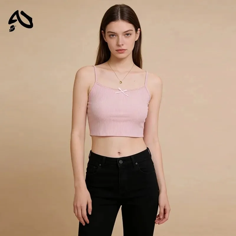 Original 100% Cotton Women's Short Knit Vest Printed Slim Fit Sexy Exposed Navel Lace Border Bow Sleeveless Lady Elastic Vests