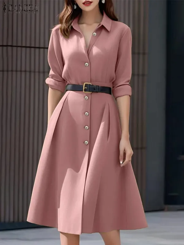 Stylish Autumn Overalls Dress ZANZEA Women Fashion Shirt Dress 2025 Elegant Long Sleeve Dresses High Waist OL Work Sundress Robe