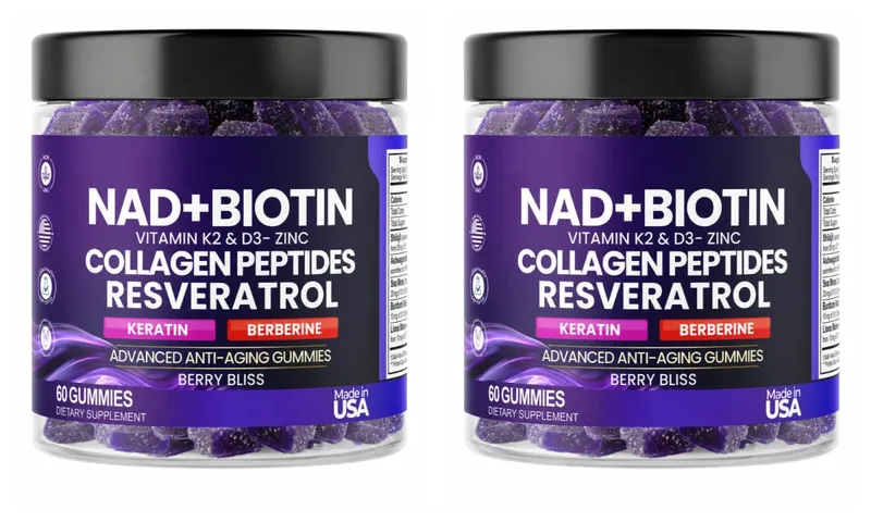Biotin Collagen Gummies with NAD+ Resveratrol Vitamin D3 K2 Zinc Daily Beauty Wellness Supplement 60 Count Berry Flavor