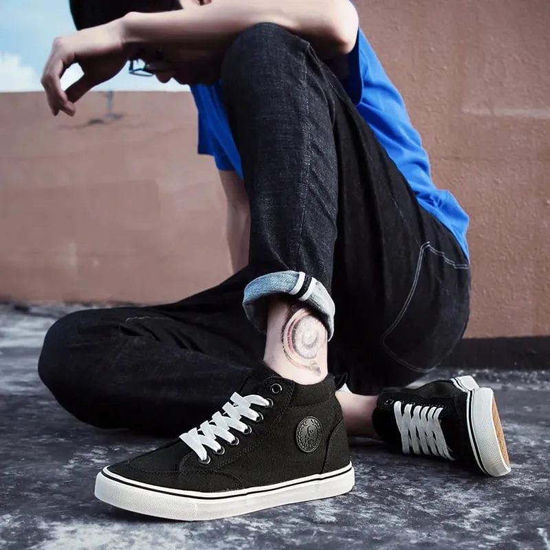 Herren-High-Top-Sneaker aus Segeltuch, Slip-on-Schnürschuhe, lässig, ganz in Schwarz, Basic-Skateschuhe für Studenten, flache Sohle, bequeme Sportschuhe