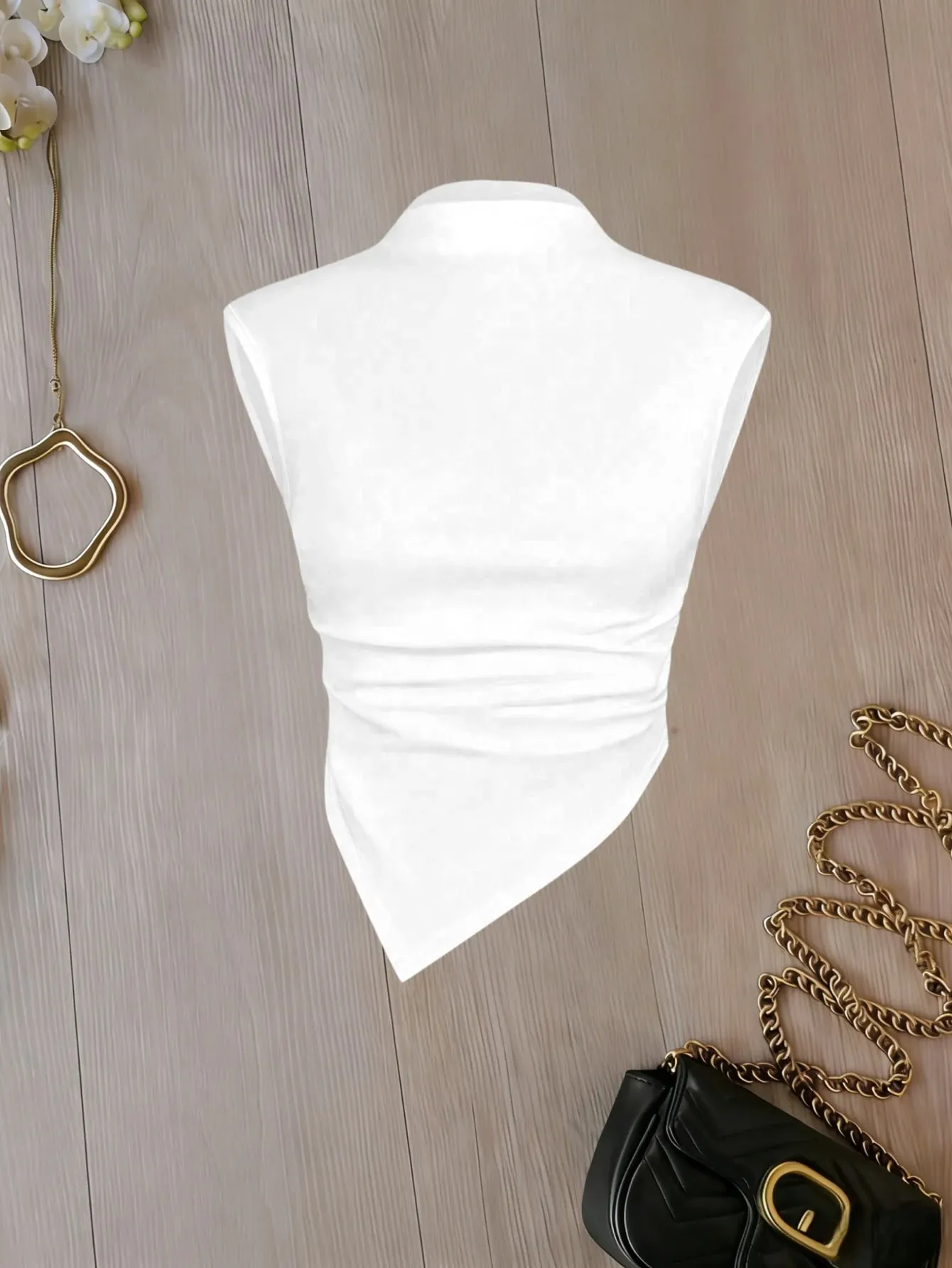 Women Mock Neck Sleeveless Ruched Asymmetrical Hem Crop Top 2 Pack Solid Color Cami Top Set
