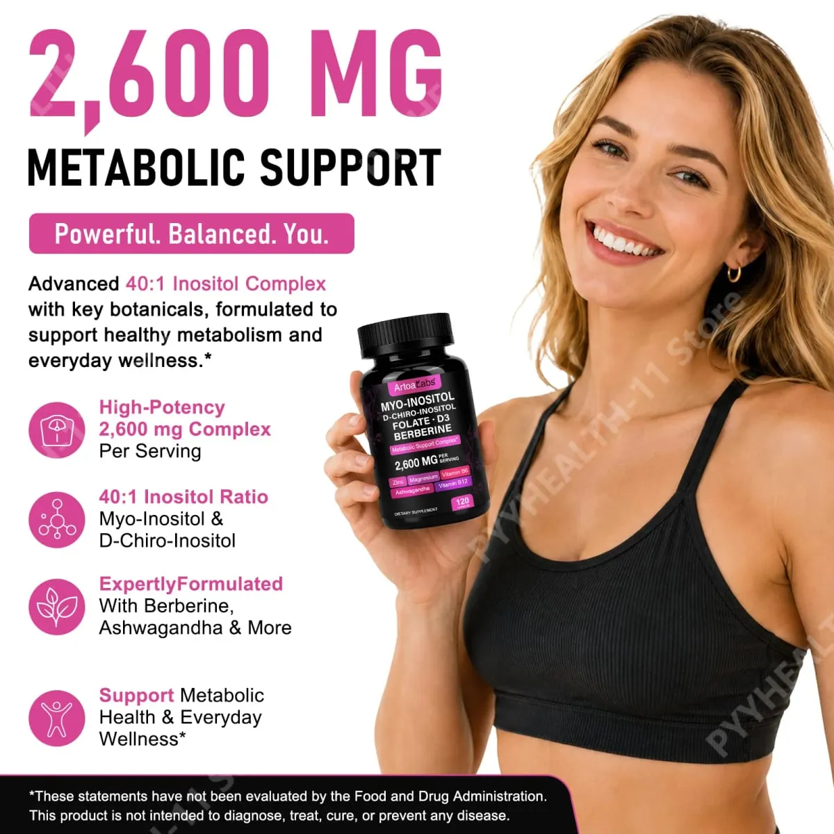 ArtoaLabs Myo & D-Chiro Inositol Capsules with Berberine Ashwagandha Metabolism & Women's Wellness Support 120 Capsules — image 2