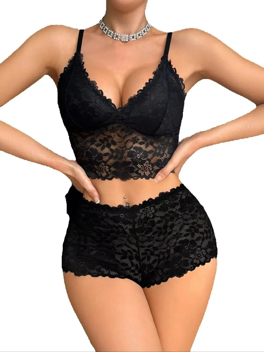 Sexy Lace Women's Underwear Set Wireless Unlined Bra Breathable Sheer Panties Solid Lingerie Set