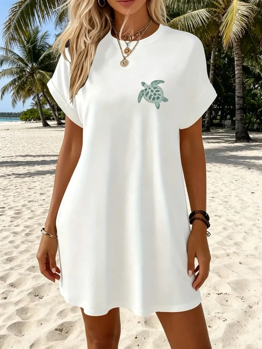 Women's Casual Elegant Green Turtle Print White Solid Color Short Sleeve Dress Short Skirt