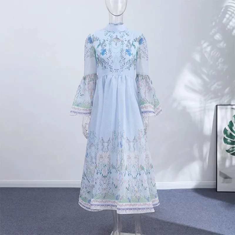 Elegant Printed Belted Maxi Dresses Women Slim Puff Sleeve Lace-up Stand Collar Dress 2026 New Ladies Summer Party Evening Grown