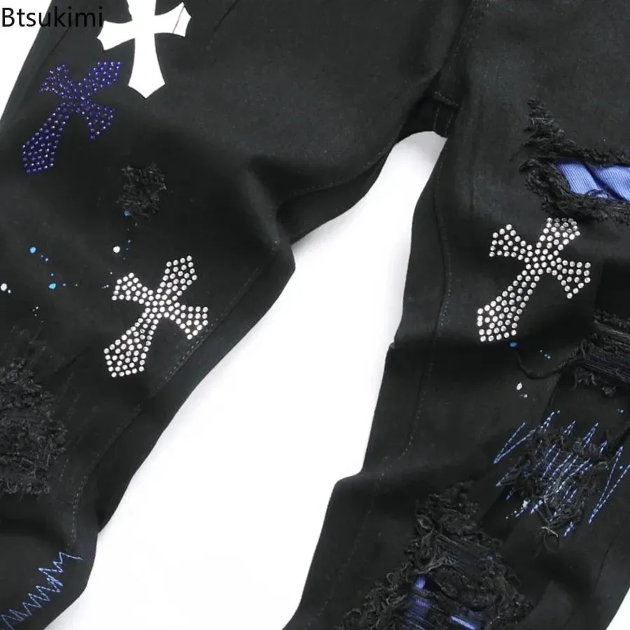2026 New Men's Fashion Crystal Cross Stretch Denim Jeans Holes Ripped Distressed Black Pants Embroidery Slim Tapered Trousers