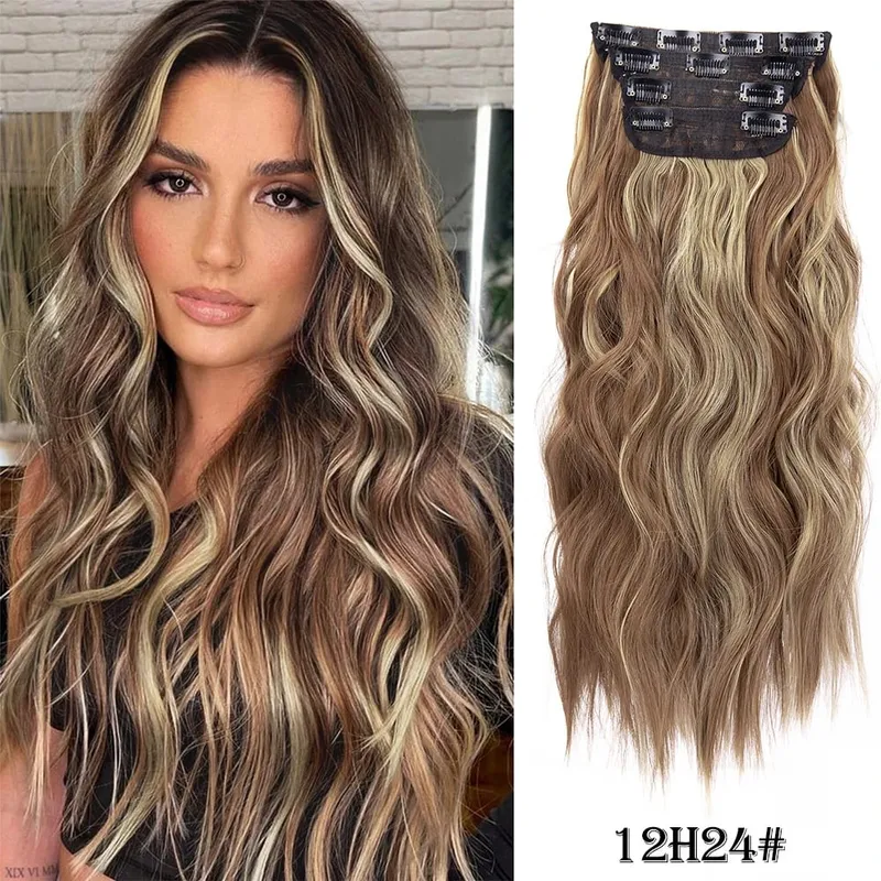Clipe sintético longo ondulado feminino de alta temperatura, extensão de cabelo sintético, 4 peças, clipe longo, macio, ondas glam, grosso