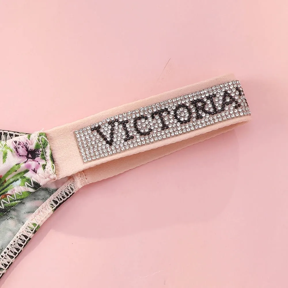 Victoria Secret Sexy Lingerie Set Very Sexy Logo Shine Strap Tropical Floral Push Up Bra Shine Script Thong Panty