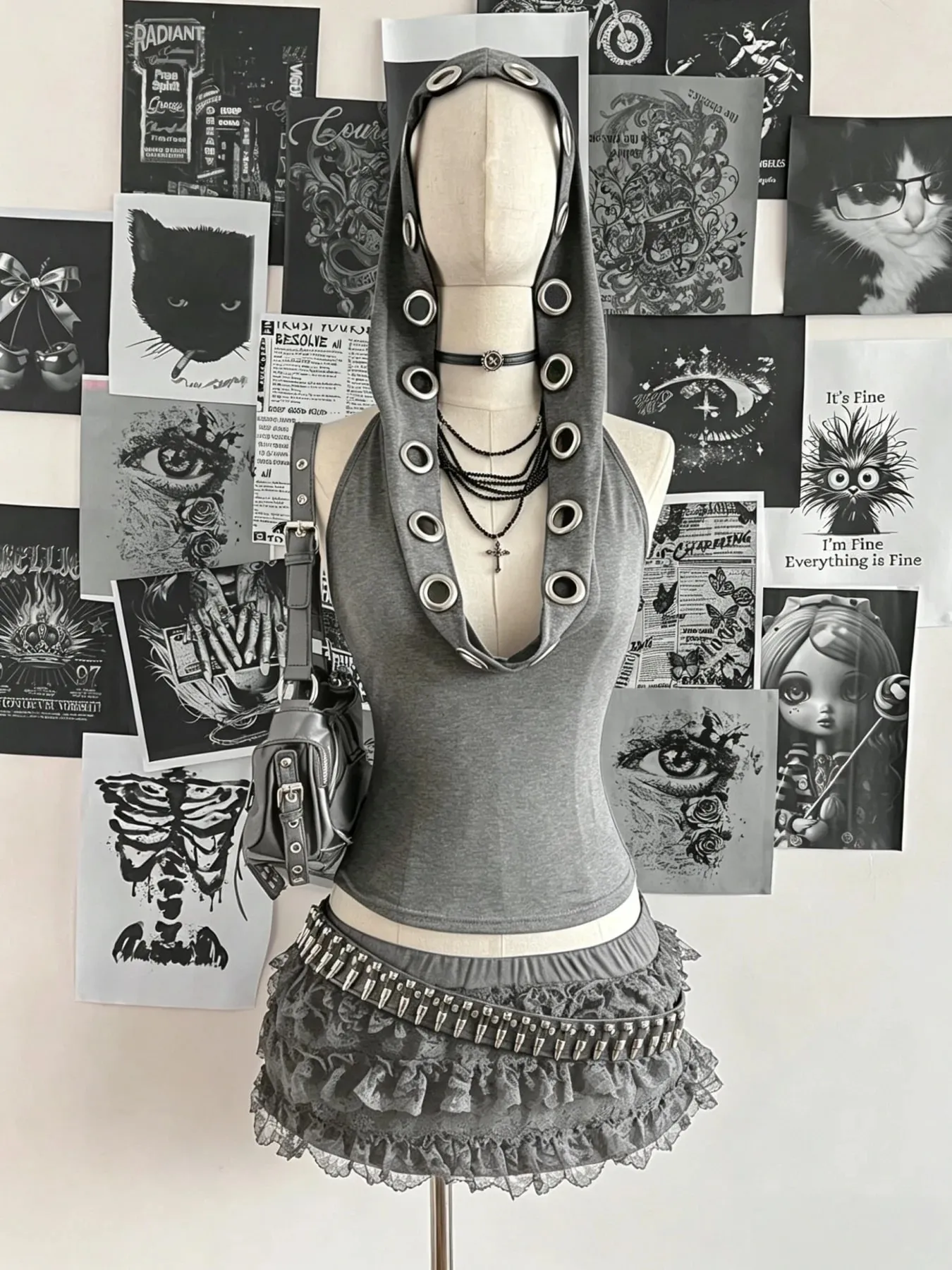 Women Sleeveless Hooded Eyelet Ring Cowl Neck Slim Crop Tank Top 2026 Gothic Y2K Streetwear Grunge Halter Camisole