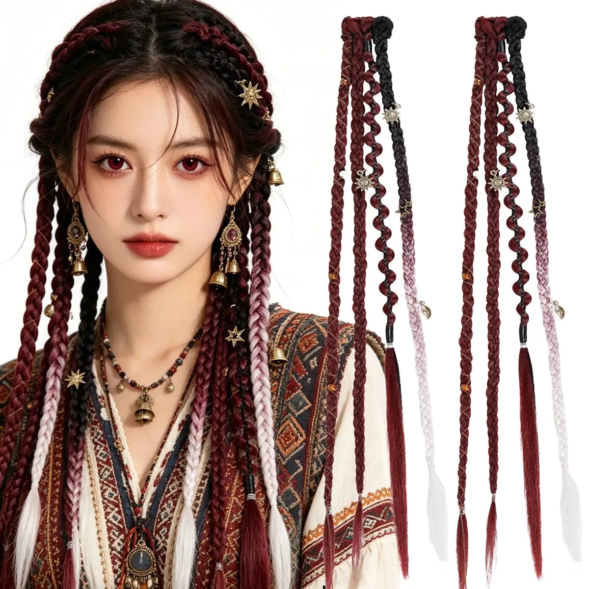 Boho Ombre Burgundy Braided Ponytail Hair Extensions Synthetic Braids With Bohemian Viking Hair Pieces For Women Carnival Party