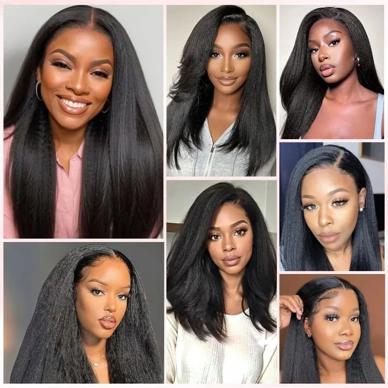 7Pcs Clip in Hair Extensions Wig Synthetic Black Yaki Straight Hair Extensions with BB Clip Fluffy Hairpiece for Women Daily Use