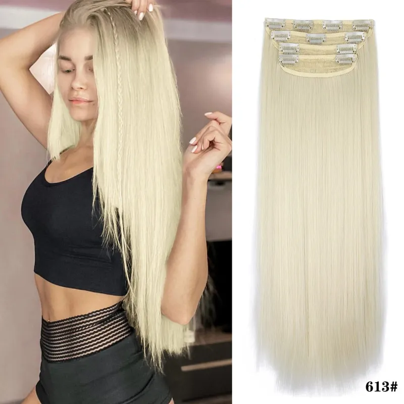 Clipe sintético longo ondulado feminino de alta temperatura, extensão de cabelo sintético, 4 peças, clipe longo, macio, ondas glam, grosso