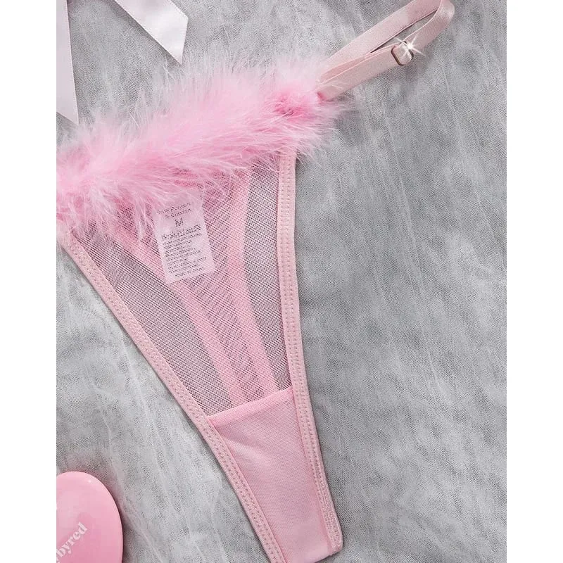 Valentine Lingeries Sexy Hot Cute Bra Hilitos 2PC Romantic Intimate Fluffy Decor Pure Desire Fantasy Women's Underwear