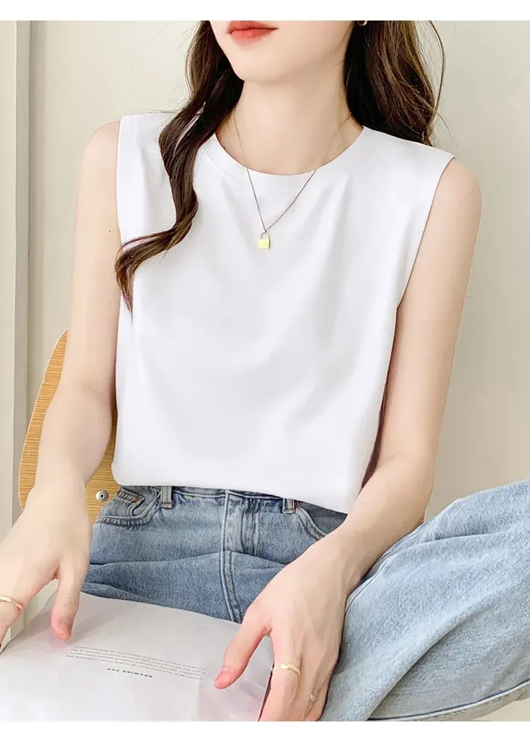 Simple Cotton Sleeveless Tank Top for Women—Classic Loose-Fitting Casual Base Layer Summer Round-Neck Base Layer T-Shirt Brea