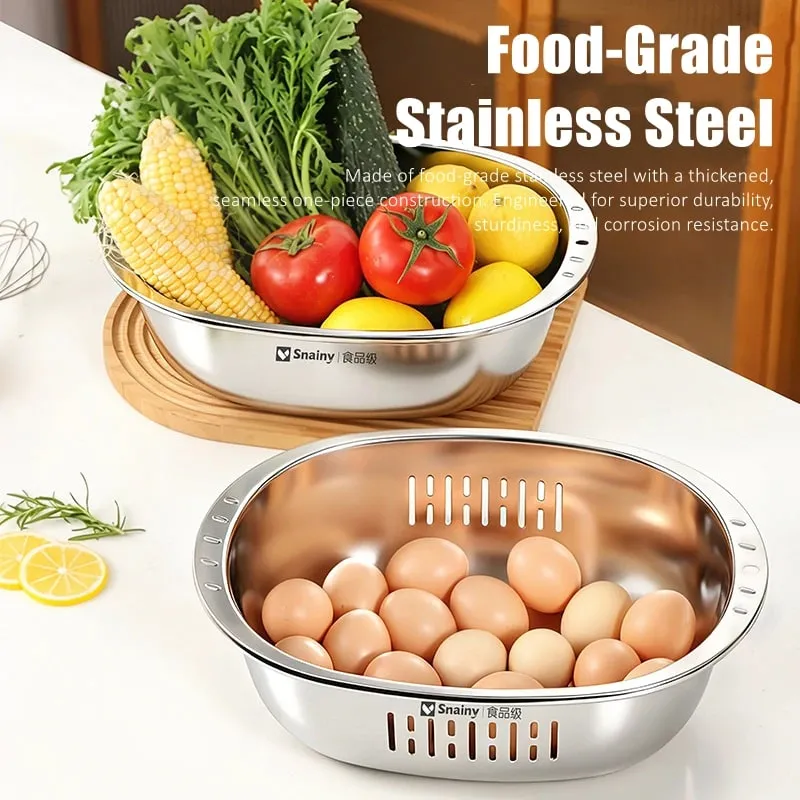 Food-grade Stainless Steel Basin and Colander Set Washing and Draining 2 in 1 Kitchen Accessories Ultrasonic Polishing Gadgets