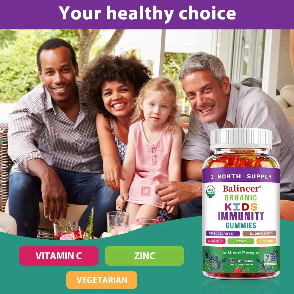 Organics Immunity Gummies for Kids with Vitamin C Zinc Elder Berry Extract Antioxidant & Overall Wellness Non-GMO Gluten Free
