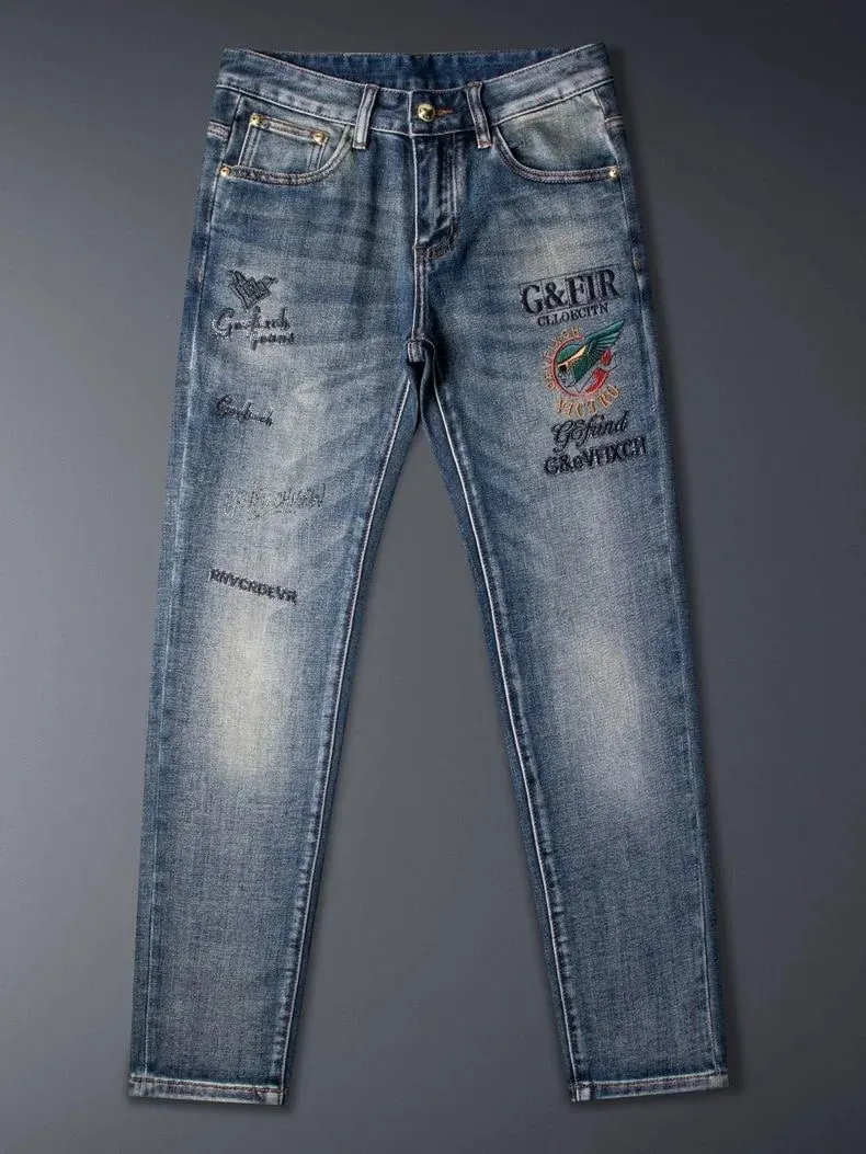 Autumn and Spring New Fashion Trend Printed American Vintage Straight Leg Denim Pants Men's Casual Sports Stretch Jeans 28-36