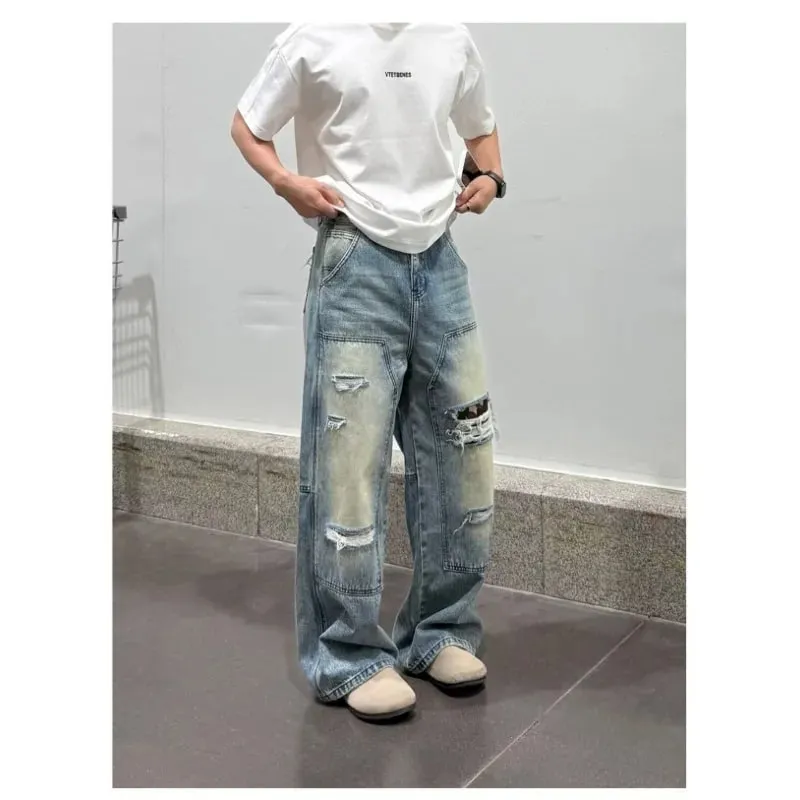 Jeans pour hommes Pantalons robustes lavés multi-poches Style charpentier Pantalon en denim droit et ample Coupe décontractée High Street
