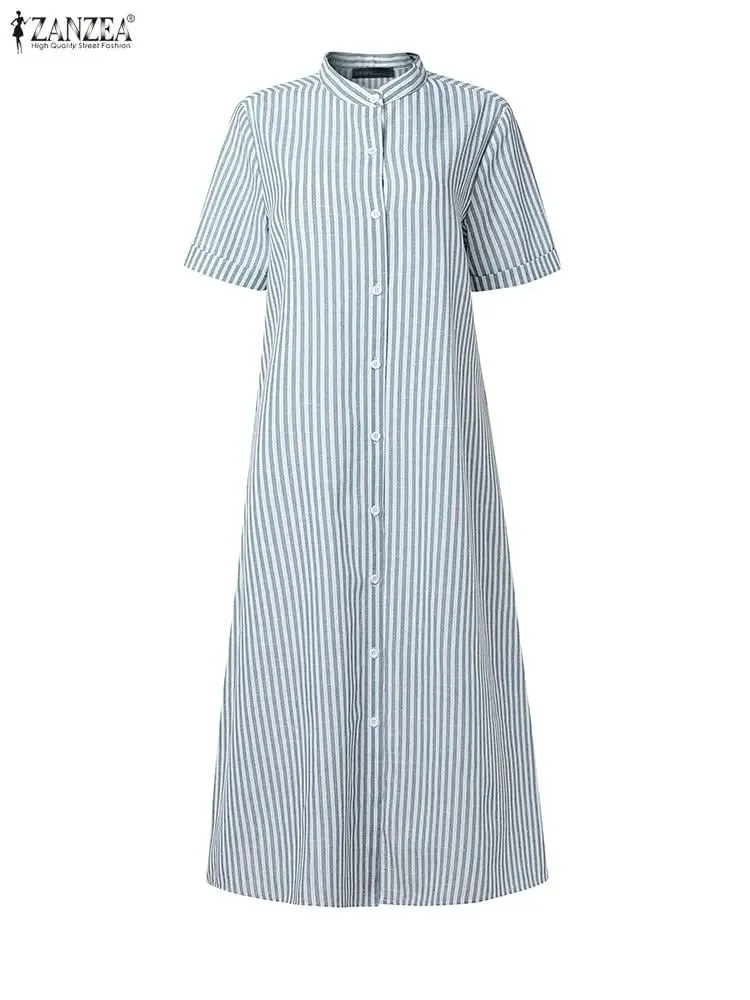 Women's Casual Striped Midi Dresses Stand Collar Short Sleeve Buttons Shirtdress Spring Summer Holiday Woman Clothes 3XL