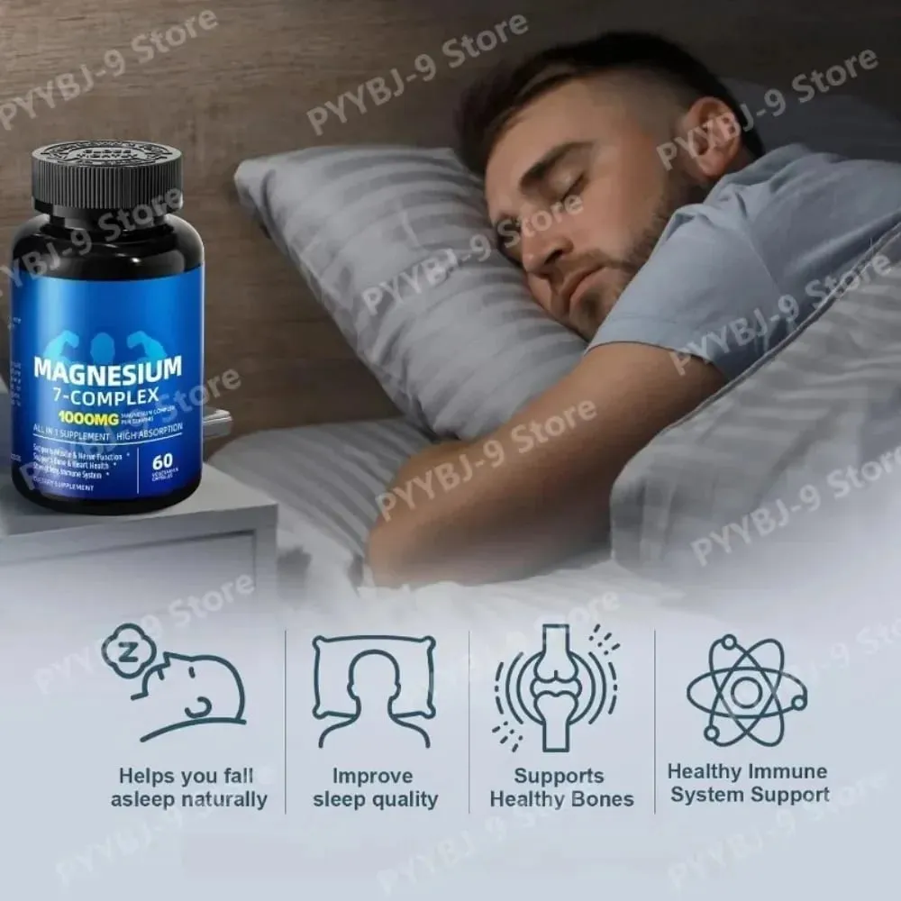 Magnesium 7-Complex Capsules 1000mg with B6 D3 Zinc High Absorption Vegan Formula for Muscle Nerve Bone Heart Support 60 Count