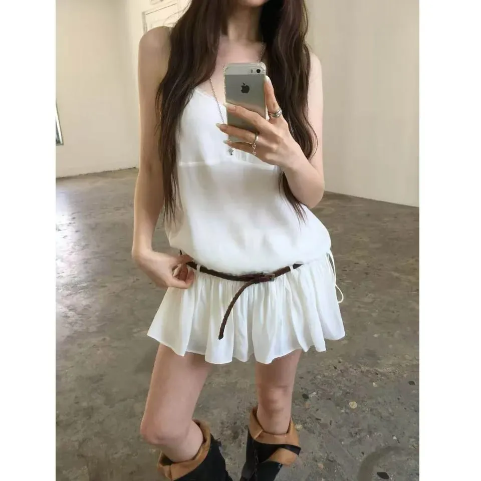 Summer 2026 Korean Style Sweet Skirt Waist Cinching Sexy Strapless Dress Fashionable Casual V-neck Loose Fit Maxi Dress