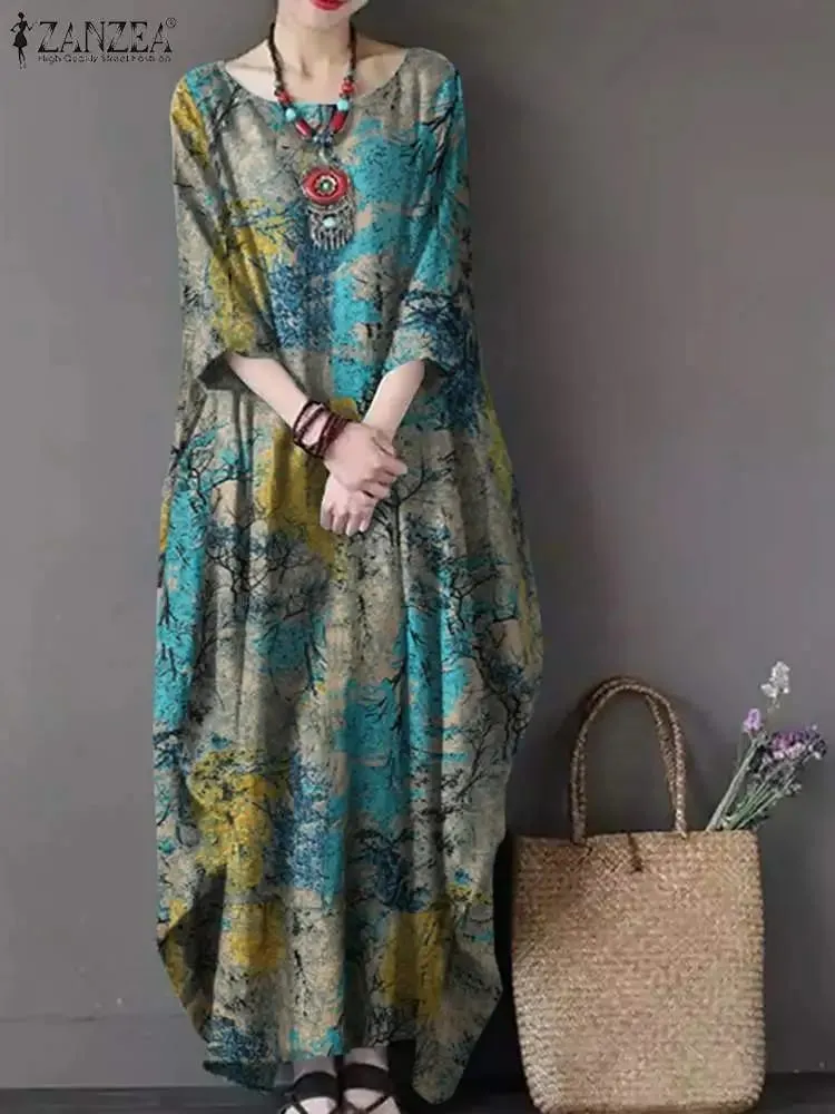 Vintage printede kjoler ZANZEA Autumn Sundress Kvinder Bohemian Casual Langærmet O-hals Kjole Elegant Løs Maxi Vestidos Robe