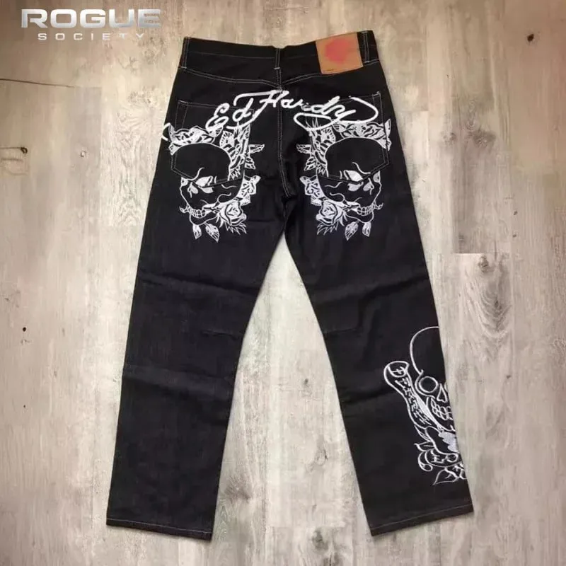 New Y2K Gothic Skull Embroidery Jeans Men High Street HipHop Punk Harajuku Loose Denim Pants Streetwear Straight Trousers Unisex