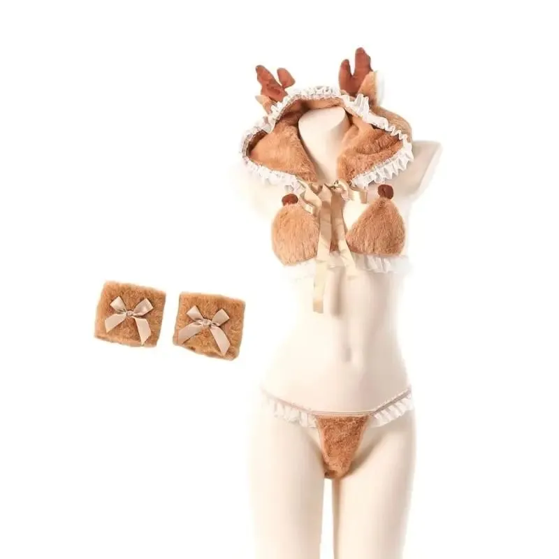 4Pcs Deer Cosplay Lingerie Costume Fuzzy Bra and Panty Set Anime Lingerie Set