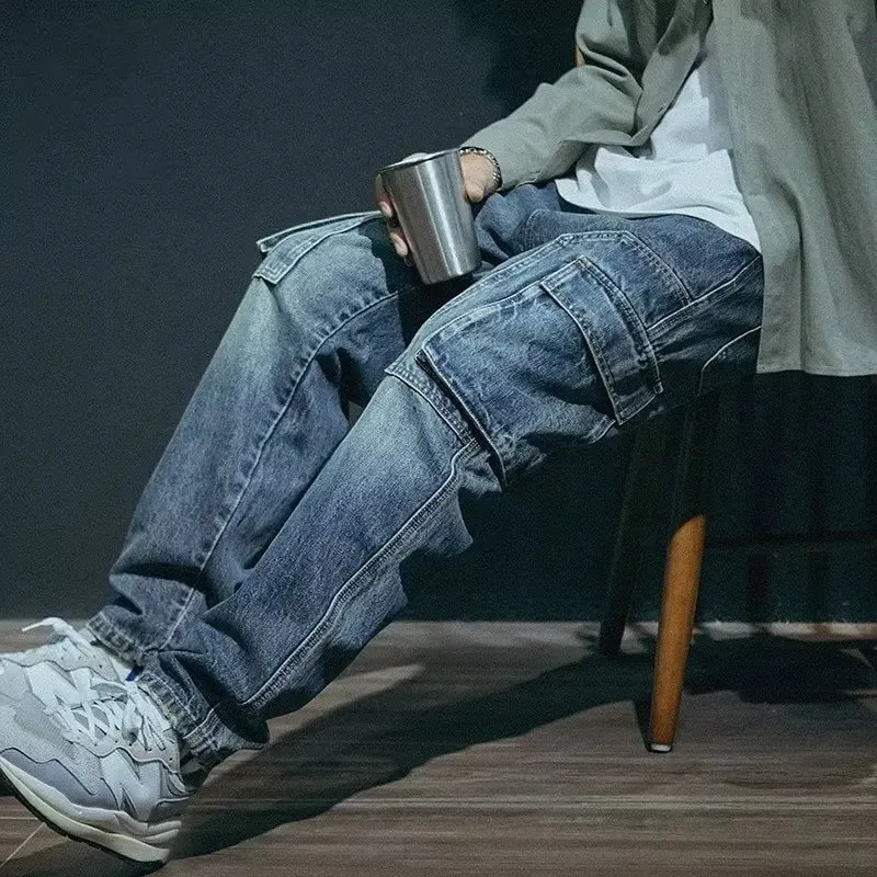 Denim Pant Men Jeans Vintage Wash Cargo Long Pants Loose High Waist Straight Trousers Pocket Y2k Streetwear Elegant Casual 2026 — image 4