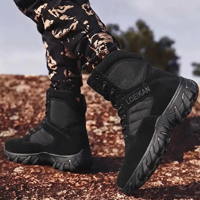 Men's Tactical Combat Boots Suede & Mesh Upper Lace‑up Anti‑slip Thick Sole Male High‑top Boots For Hiking Outdoor Activities