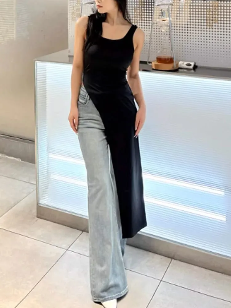Tren kepribadian musim panas gaun rompi kamisol tanpa lengan hem asimetris tidak beraturan ceruk jalanan warna solid slim fit