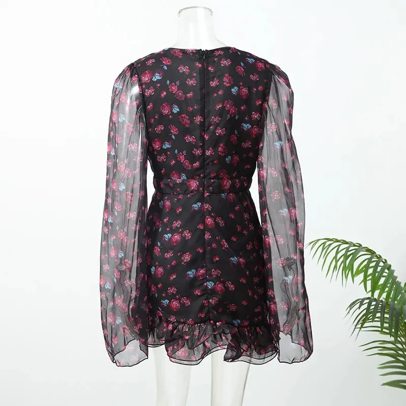 Flora Painted Ruffle Mini Dress Women Elegant Full Sleeve Deep V-neck Slim A-line Dresses 2026 Lady Holiday Street Outwears New