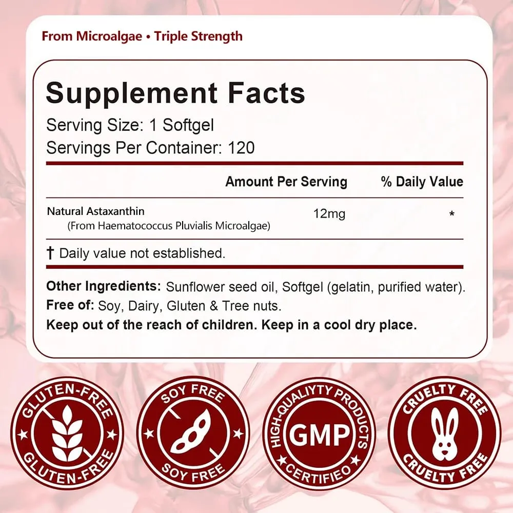 Astaxanthin 12mg 120 Softgels Triple Strength Premium Antioxidant Supplements Support Eye Skin Joint & Immune System Health