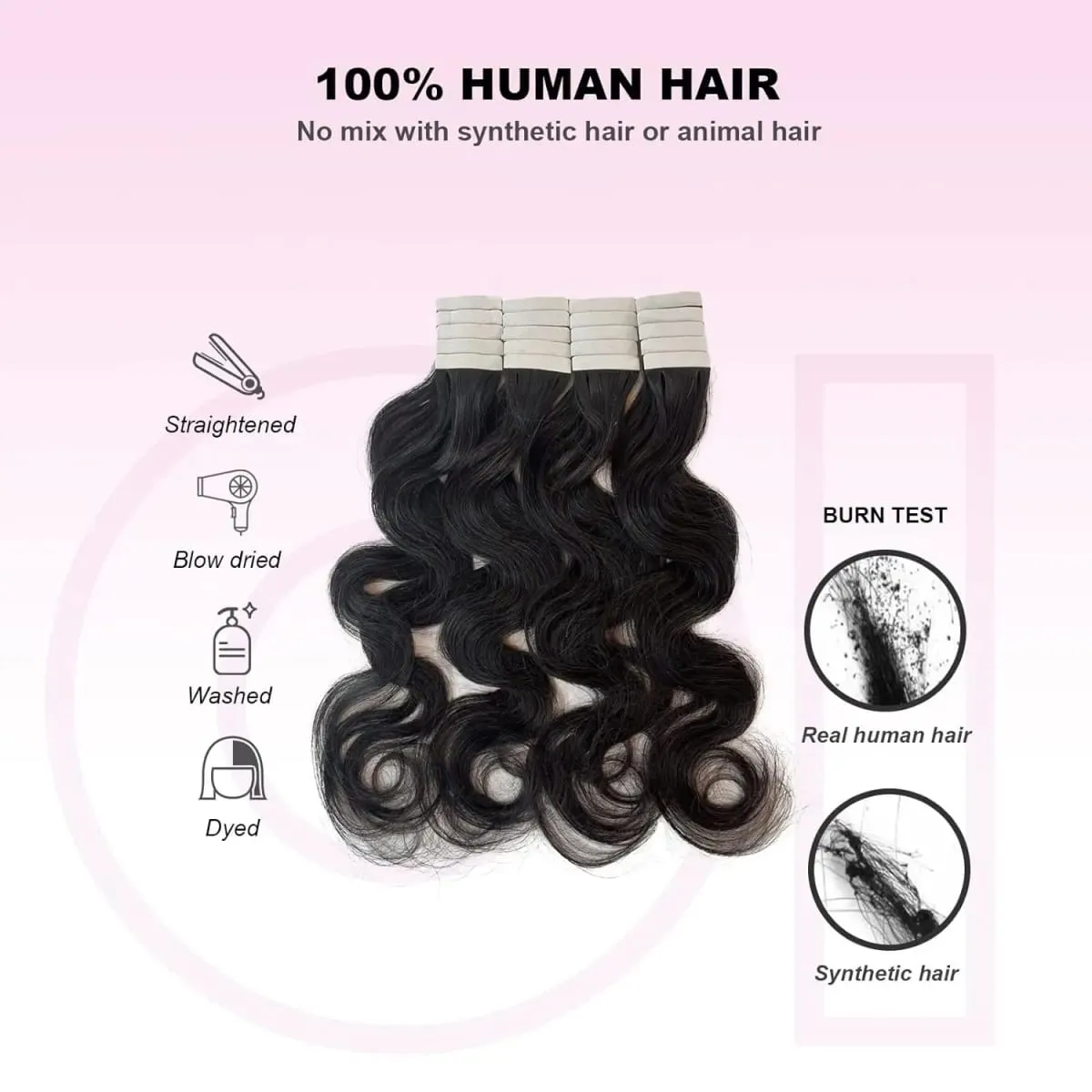 Body Wave Tape In Hair Extensions 100% Human Hair 20Pcs/50g Wavy Tape Ins Adhesive Replaceable Seamless Invisible Natural Black