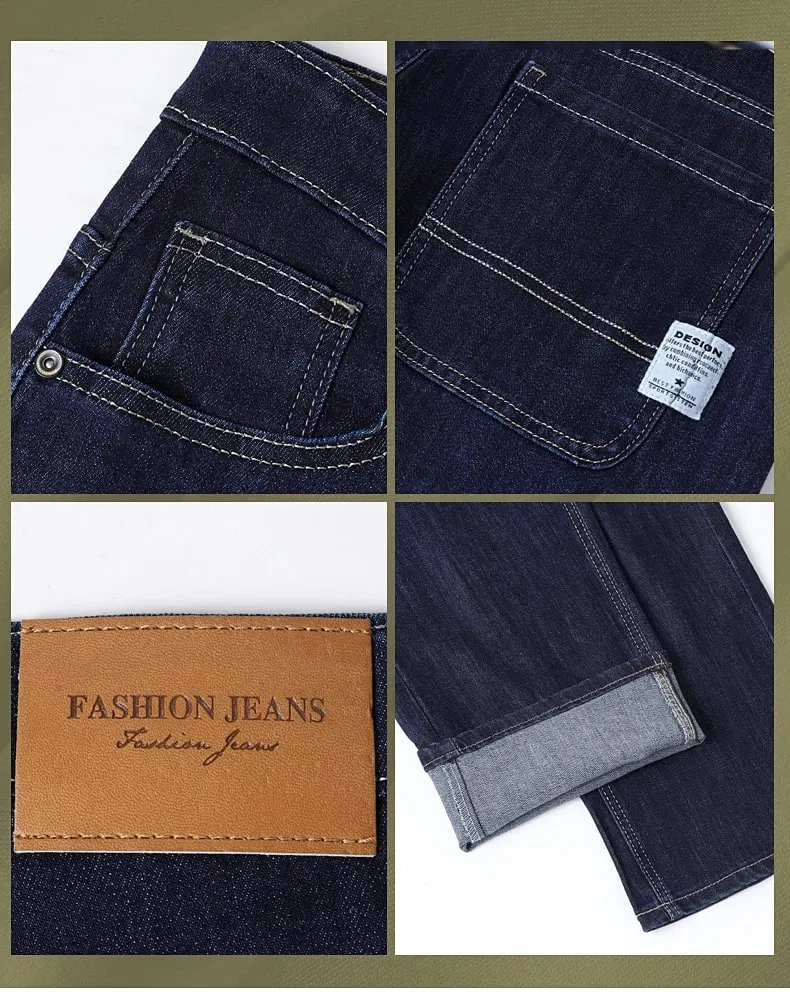 High Quality Autumn Winter Baggy Men's Jeans Loose Straight Cotton Business Thick Casual Solid Color Trousers Male Plus Size 40
