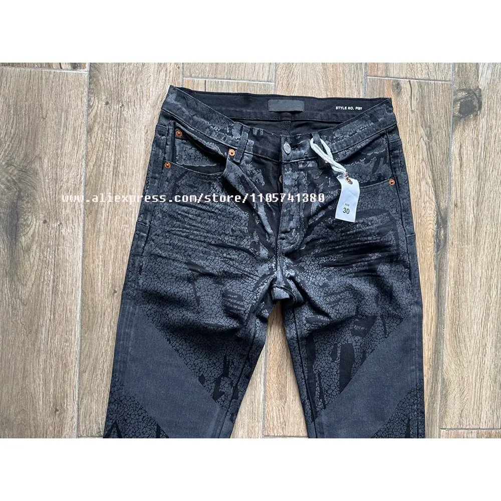 Men's High Street American Fashion Distressed Black Crackle Paint Foil Stretch Skinny Button Fly Ripped Jeans Pants
