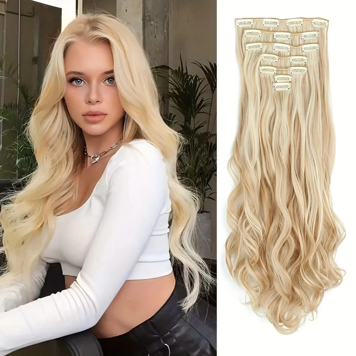 Synthetic 24Inch 16Clips Long Curly Hair Extension Heat Resistant Hair Extension Clips In Ombre Black Brown Blond Women