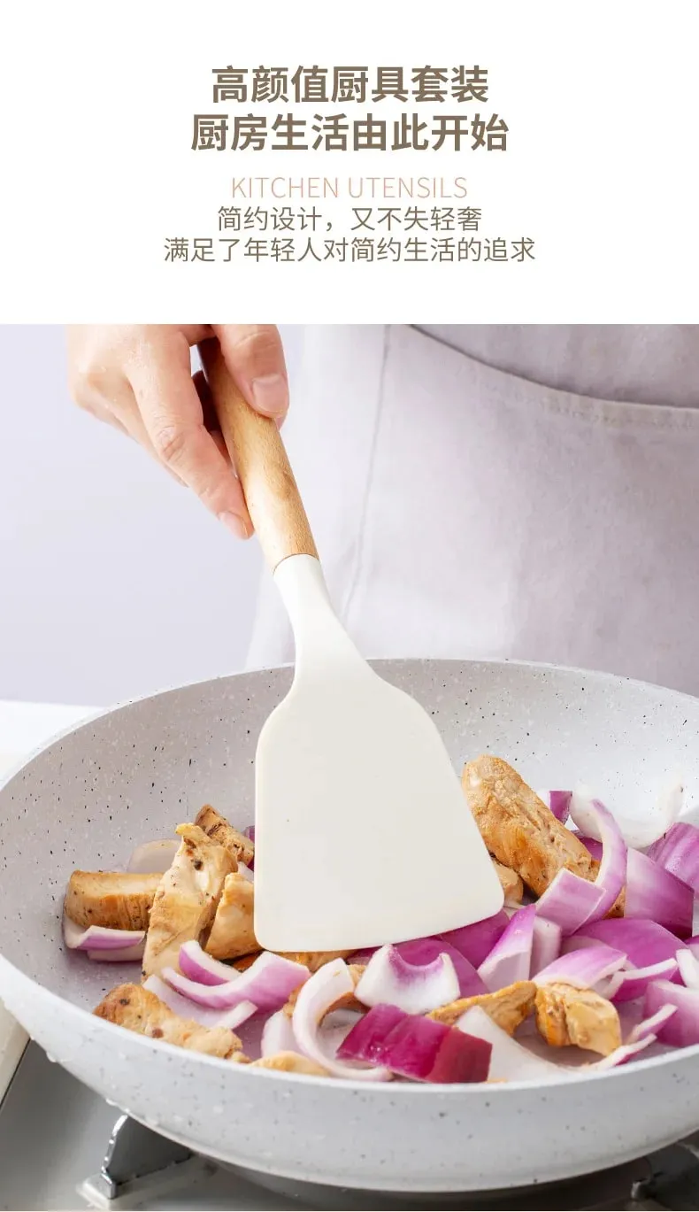 2/12Pcs White Silicone Kitchen Utensils Set with Wooden Handle Cookware Spatula Heat Resistant Non-stick Kitchen Cooking Tools