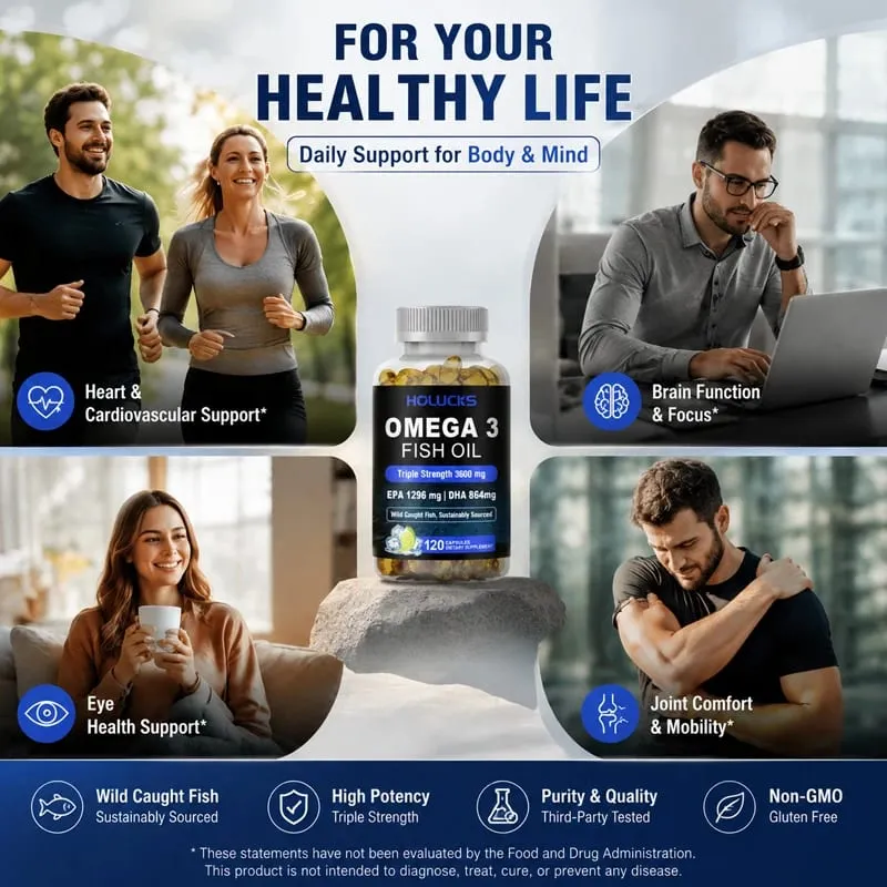 Omega-3 Fish Oil Capsules with EPA & DHA Supports Energy Skin Care Heart Joints Brain Nervous System Health & Antioxidant
